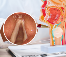 Atrofija i pseudosulkus glasnica – medicinski prikaz i endoskopska fotografija.