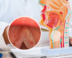 Medicinski model grkljana s prikazom Reinkeovog edema glasnica uvećanom fotografijom
